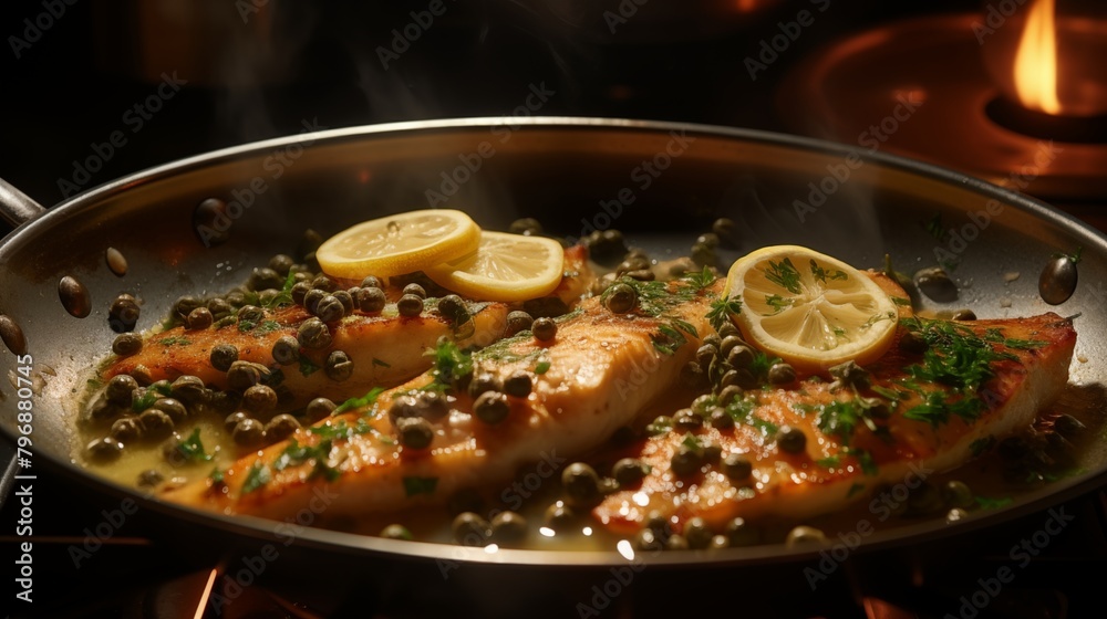 Sole Meunière being prepared in a frying pan with butter, capers, and lemon. Sole Meunière being prepared in a frying pan with butter, capers, and lemon.