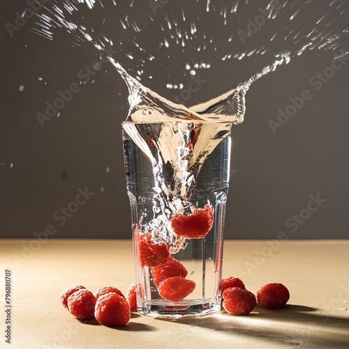 czerwone owoce wpadające z pluskiem do wysokiej szklanki z wodą  © Colorful Soul