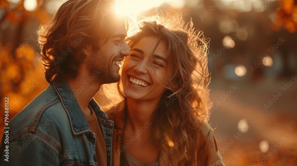 A couple laughing together in a sunlit park. AI generate illustration