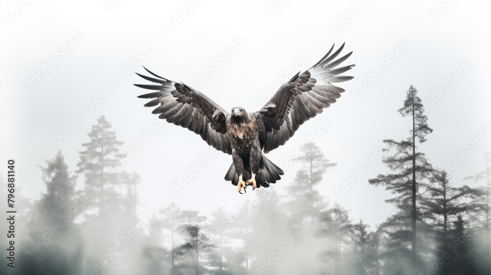 Obraz premium Double Exposure, white background, Eagle in front of a forest ~ Created using Generative AI
