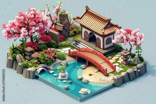 serene zen retreat miniature japanese garden with cherry blossoms tea house arched bridge raked sand isometric style digital art