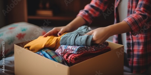 Close-up of a woman's hands putting clothes in a box, volunteer humanitarian aid. Generative AI.