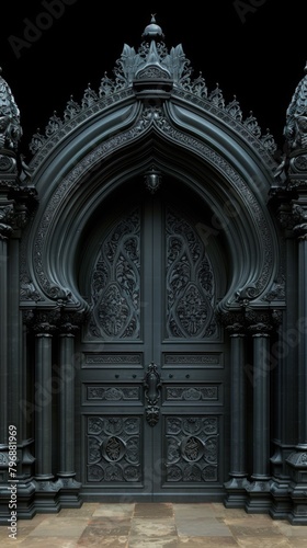 A large black door with ornate carvings on it  AI