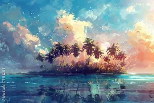 tropical paradise lush palm trees on a dreamy conceptual island digital painting