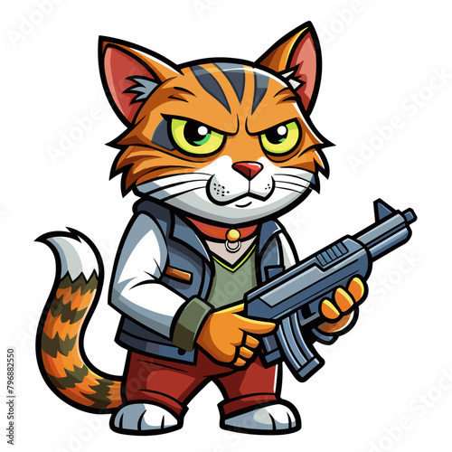 Humorous vector illustration of a cat holding a cartoonish firearm, with exaggerated features and bold colors, perfect for printing on t-shirts or stickers