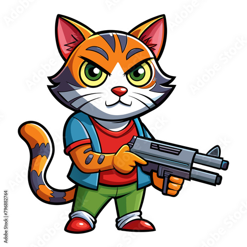 Humorous vector illustration of a cat holding a cartoonish firearm, with exaggerated features and bold colors, perfect for printing on t-shirts or stickers