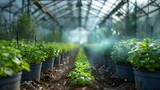 Greenhouses adjusting based on weather forecasts to optimize plant growth. Concept Greenhouse Efficiency, Weather Forecasting, Plant Growth Optimization, Sustainability, Agriculture Technology