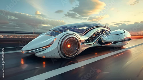 A futuristic car is driving down a road. The car is white and has a lot of chrome on it. The car is very sleek and modern looking