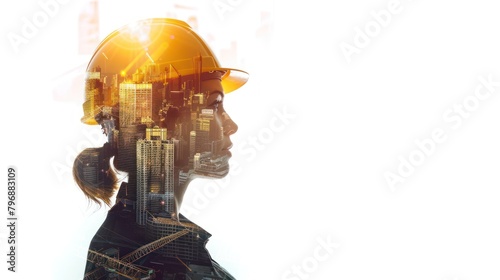 Double exposure of a young engineer woman and construction site with safety helmet letting see city buildings under construction on white background with copy space, business engineering concept.