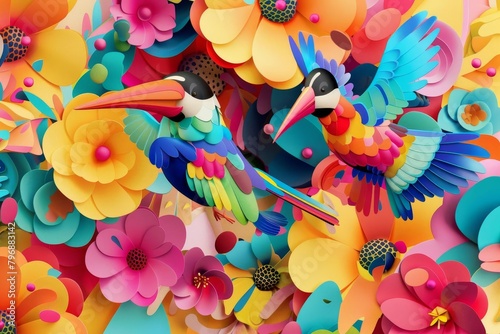 vividly abstracted birds and flowers in colorful 3dstyled illustration