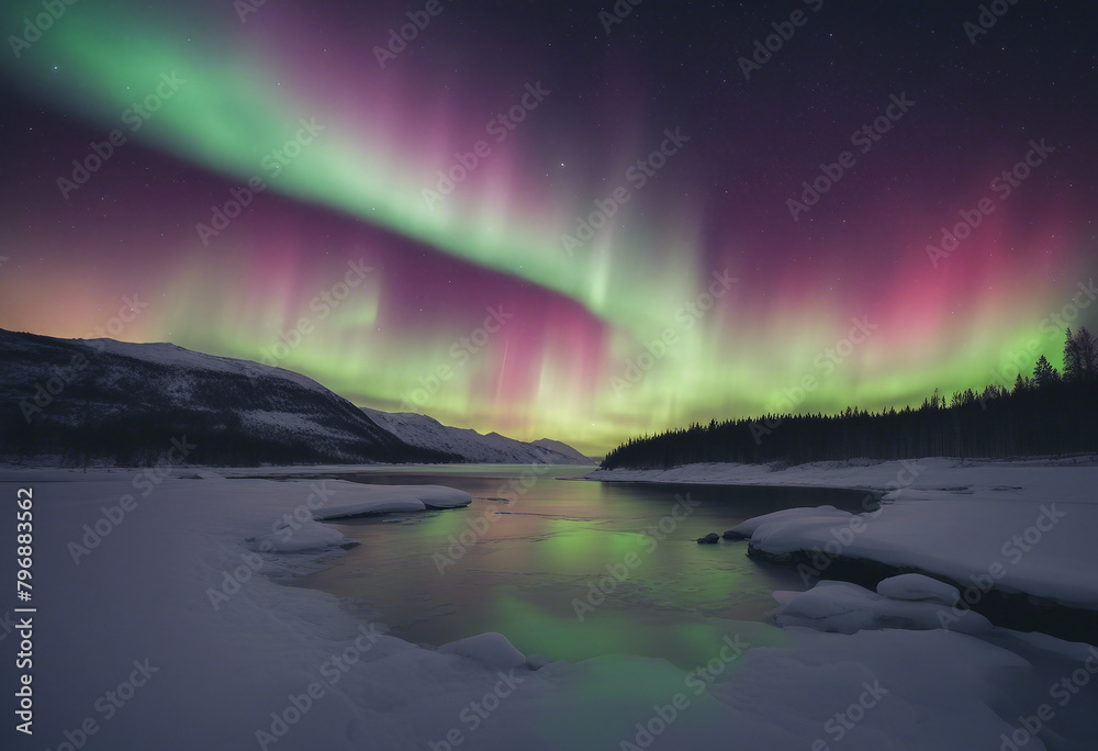 Beautiful Aurora Northern or Southern lights in starry night sky Aurora borealis over the sky