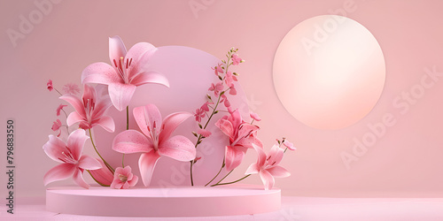 Podium Pink Lil Blank cylinder podium with lily flowers on pink background with white glitter fabric Display for product presentation photo