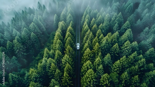 Aerial shot of white car driving through lush green pine forest. Concept Automotive Photography, Aerial View, Nature Landscape, Car Driving, Green Pine Forest