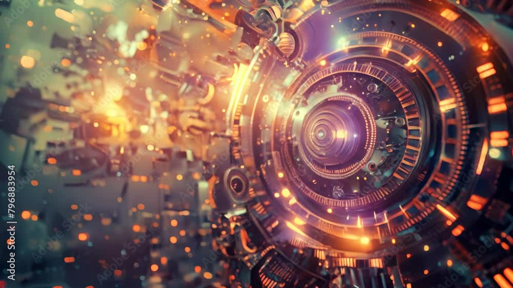A colorful, abstract design with a clock in the center. The clock is surrounded by gears and other mechanical parts. Scene is futuristic and industrial