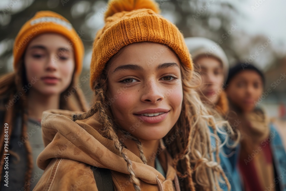 A smiling teenage girl wearing a beanie stands with diverse friends in a friendly and social environment A smiling teenage girl wearing a beanie stands with diverse friends in a friendly and social environment