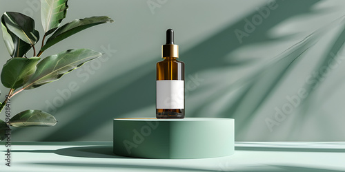 cosmetic product display Serum cosmetic bottle with peptides Cosmetic serum glass ampoule bottle on podium lite green background photo