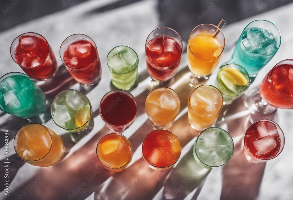 Collection top view of glasses with Soda colorful drinks menu isolated on background mocktail or coc Collection top view of glasses with Soda colorful drinks menu isolated on background mocktail or coc