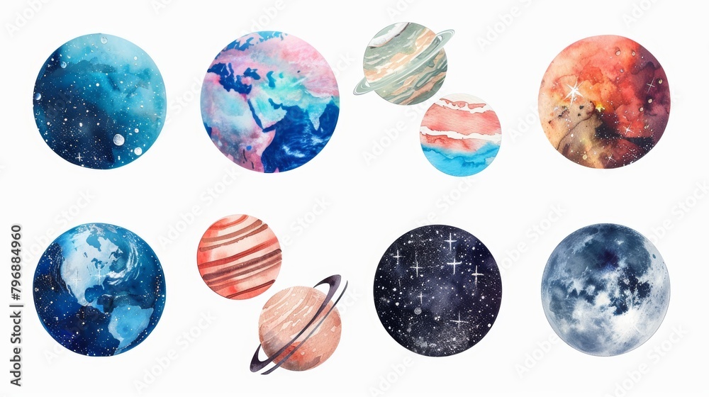 Whimsical Watercolor Planets in Space Generative AI