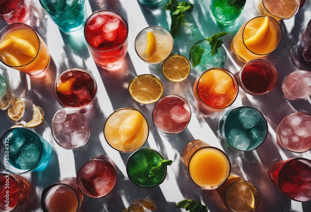 Collection top view of glasses with Soda colorful drinks menu isolated on background mocktail or coc Collection top view of glasses with Soda colorful drinks menu isolated on background mocktail or coc