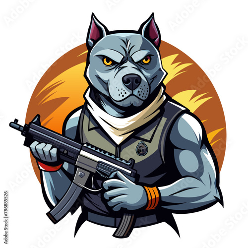 Stylized Pitbull Dog holding a submachine gun, exuding a sense of power and readiness