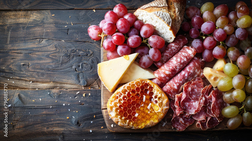 A rustic wooden table overflowing with a charcuterie and cheese spread,  background, generative ai