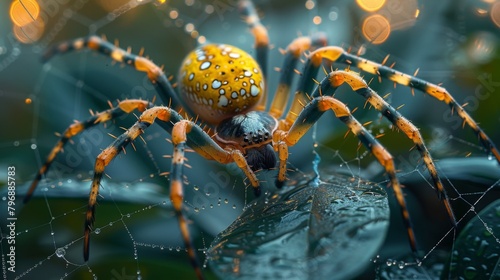 Journey into the mesmerizing world of arachnids with a captivating image of a golden silk orb weaver, delicately poised within its intricately woven web. Let the soft light  photo