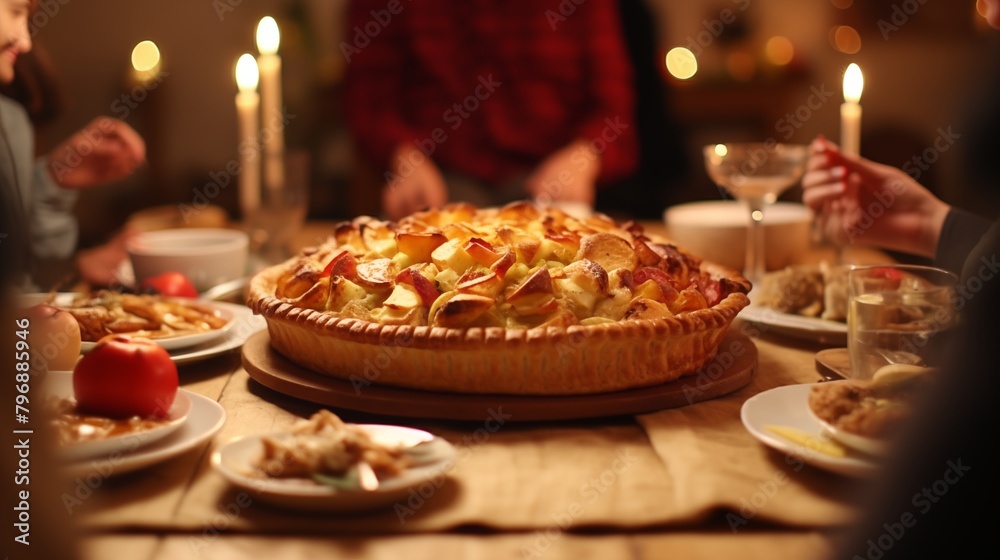Fototapeta premium Thanksgiving family dinner. Traditional apple pie and vegan meal close up, with blurred happy people around the table celebrating the holiday.