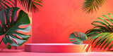 3D render of pink background with tropical leaves and podiums vivid colorful summer background with Stage Podium Scene with for Award Décor element background