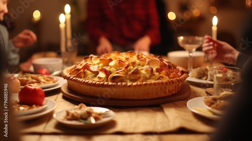 Thanksgiving family dinner. Traditional apple pie and vegan meal close up, with blurred happy people around the table celebrating the holiday. © hamad
