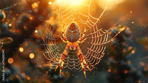 Journey into the mesmerizing world of arachnids with a captivating image of a golden silk orb weaver, delicately poised within its intricately woven web. Let the soft light of dawn illuminate  photo