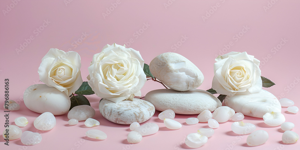 Spa settings with white stones and white roses isolated on pink background