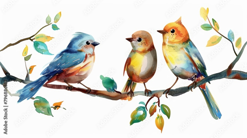 Bird Family Perched on Tree Branch Generative AI
