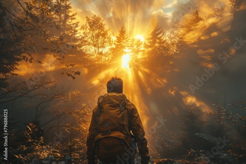 An adventurer with backpack stands facing a breathtaking sunrise filtering through a misty forest, inspiring travel and exploration