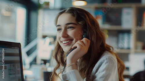 Cheerful young woman is talking on the phone while working at her office