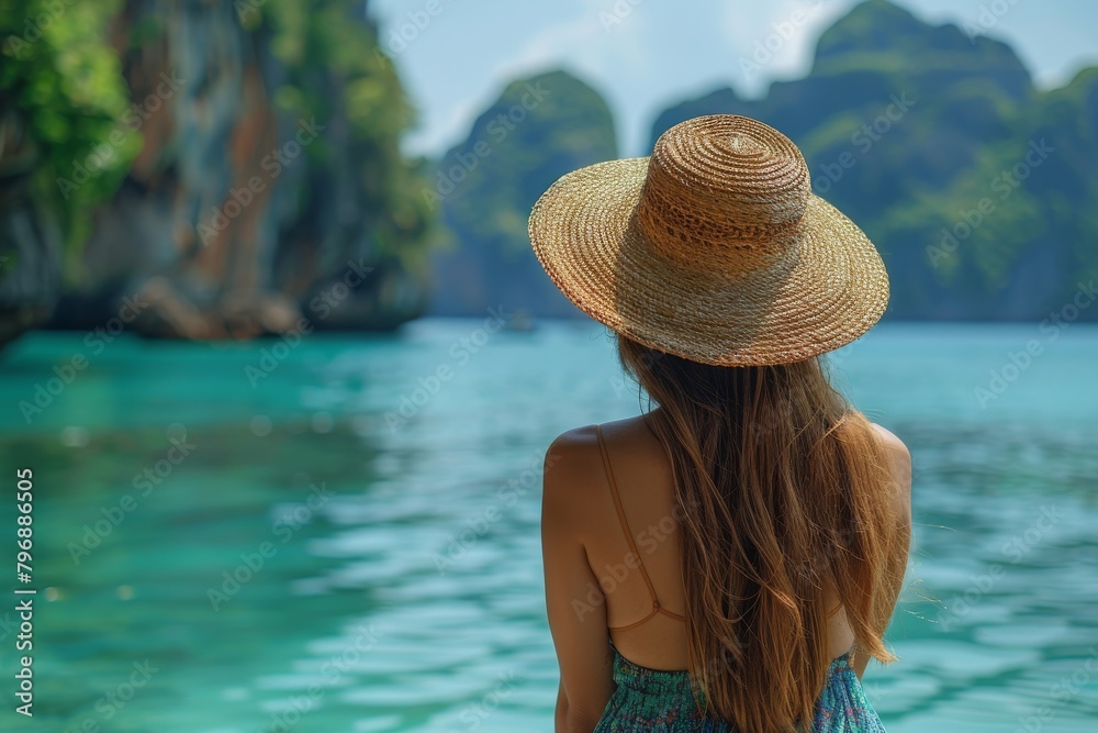 Back view of a relaxed woman gazing at a turquoise sea against a background of majestic green cliffs on a sunny day
