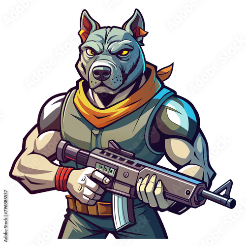 Stylized Pitbull Dog holding a submachine gun, exuding a sense of power and readiness