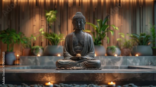 Transform your spa experience into a journey of holistic wellness and spiritual rejuvenation with a captivating scene featuring a statue of Buddha bathed in the warm glow of burning candles. 