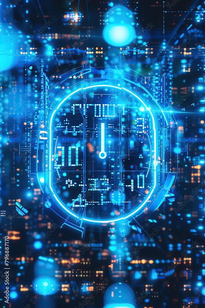 A glowing blue circuit board with a clock in the center. A glowing blue circuit board with a clock in the center.