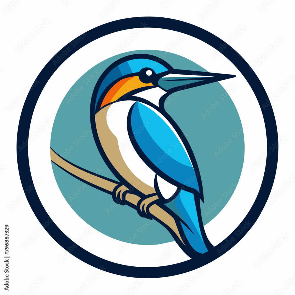 Fototapeta premium Kingfisher sitting on a branch in a circle logo vector illustration with white background