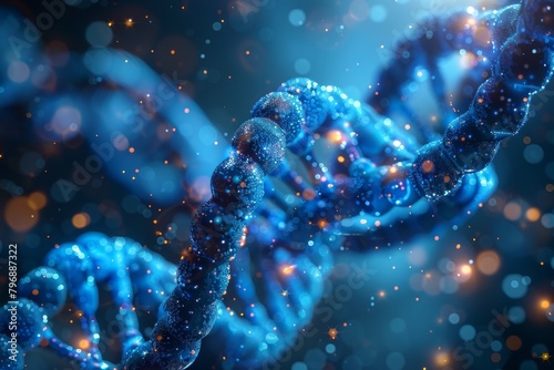 This visually stunning image captures a sparkling blue DNA helix  symbolizing the essence of life  in a detailed and artistic manner with a bokeh background