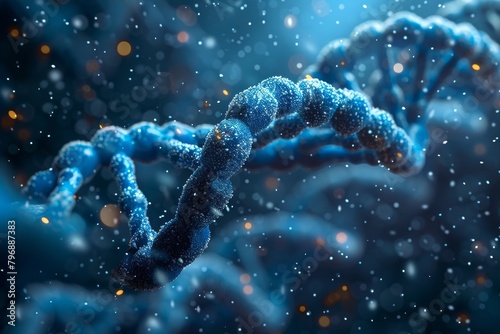 Close-up image featuring a segment of a DNA strand with detailed particles and sparks, highlighting genetic complexity and beauty in blue hue