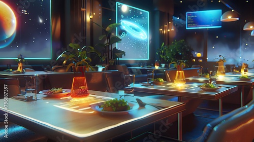 Spacethemed cafe featuring augmented reality menus, where patrons select food that appears as holographic projections on their tables
