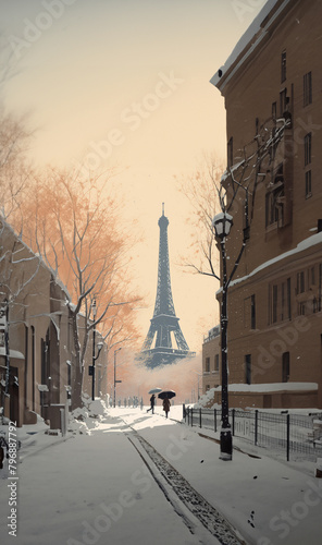 City During The Winter Season With Snow Falling, The Eiffel Tower In The Back, Perspective View, Cartoon Illustration, Manga Concept #796887792
