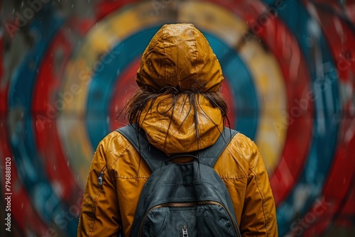 A person with their back turned, enveloped in a yellow raincoat, stands before a vibrant, circular graffiti backdrop photo