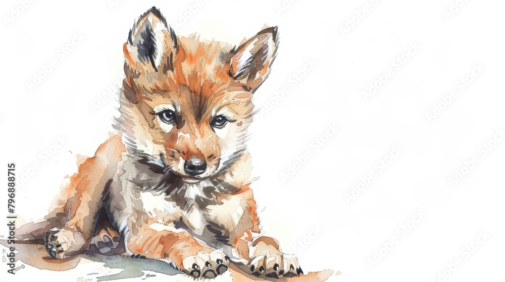 Obraz premium Adorable Baby Wolf in Watercolor Sketch Generative AI