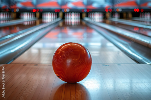 Red bowling ball striking against pins in bowling game. 