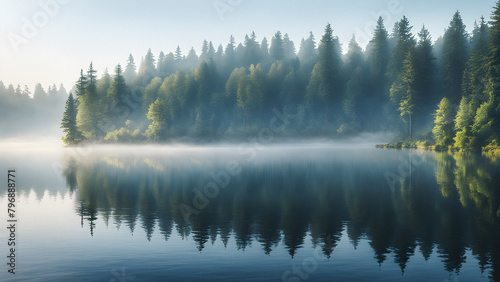 Mystical Morning  Eerie Fog Shrouds Tranquil Lake at Sunrise. Secluded Beauty. generative AI