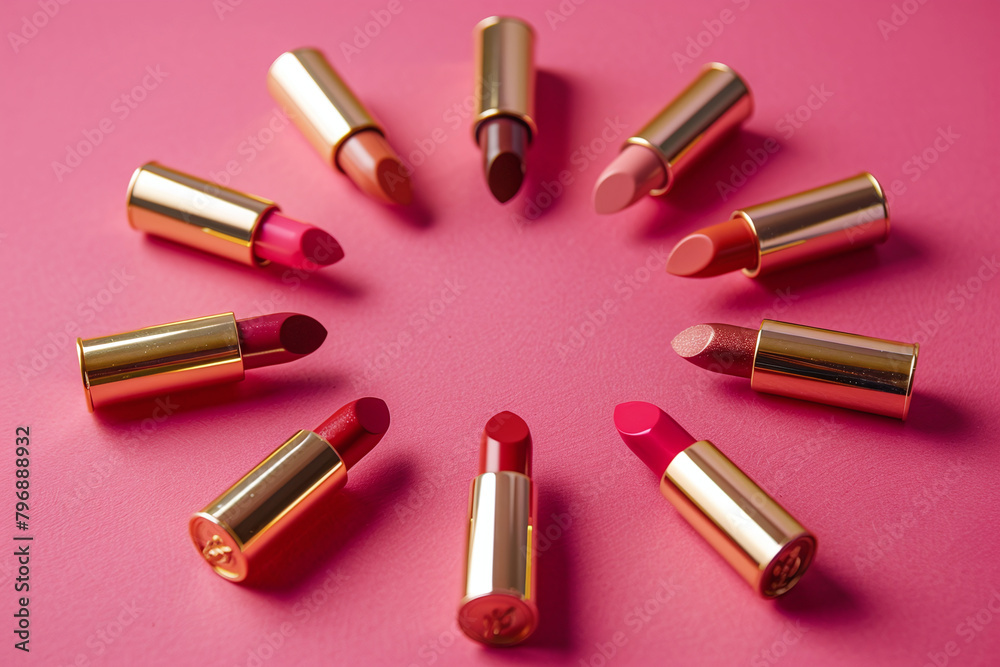Red lipsticks of different shades arranged in a circle on beige background. Copy space, banner, makeup and cosmetics concept. Close up. Flat layout. Red lipsticks of different shades arranged in a circle on beige background. Copy space, banner, makeup and cosmetics concept. Close up. Flat layout.