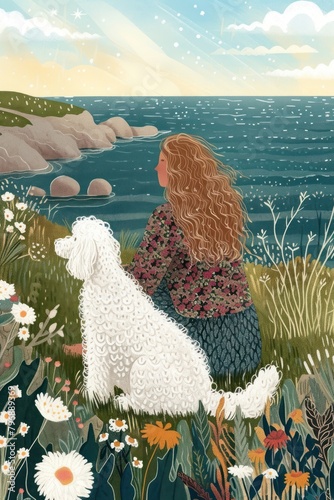 Women sitting with her white dog art outdoors animal.