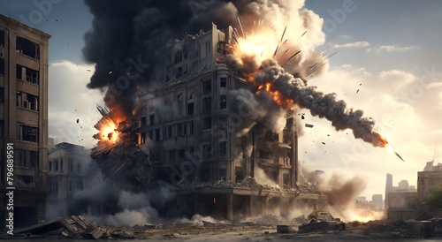 Illustration of the tense atmosphere of a battlefield with an explosion in a building, created with generative AI